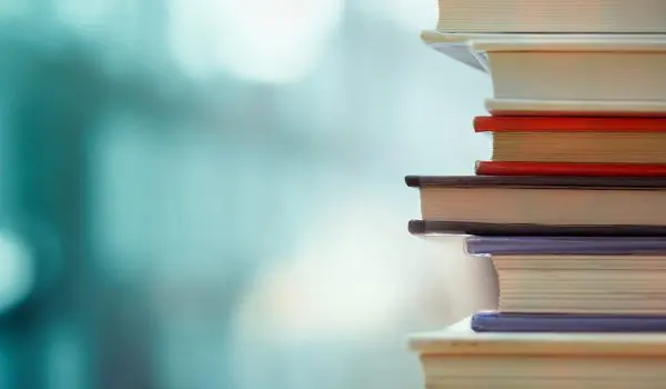 A stack of books with various colored covers is set against a blurred background.
