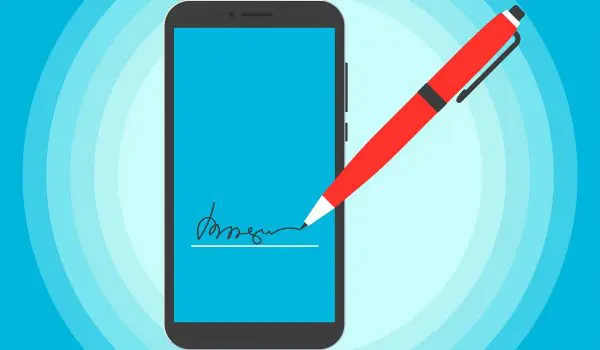 A smartphone with a stylus pen signing a digital document on its screen against a light blue background.