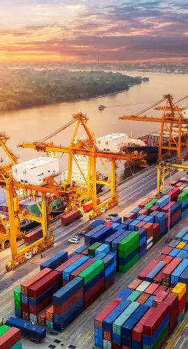 Logistics And Transportation Of Container Cargo Ship And Cargo Plane With Working Crane Bridge In Shipyard At Sunrise, Logistic Import Export And Transport Industry Background