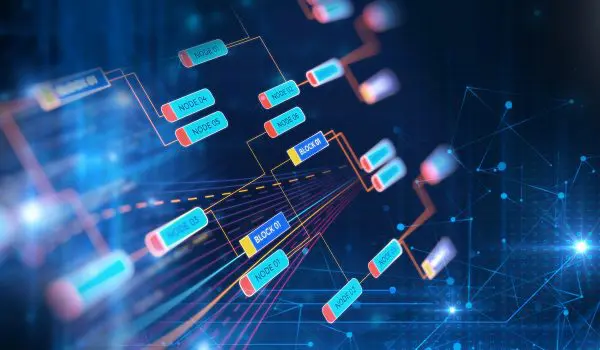 A digital representation of a blockchain network with interconnected nodes and data blocks against a dark background, symbolizing a decentralized and secure ledger technology.