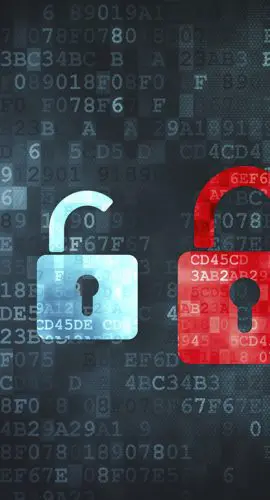 A series of digital padlocks on a dark background, with one highlighted in red and partially unlocked, suggest cybersecurity concepts.