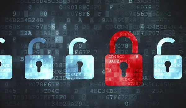 A series of digital padlocks on a dark background, with one highlighted in red and partially unlocked, suggest cybersecurity concepts.