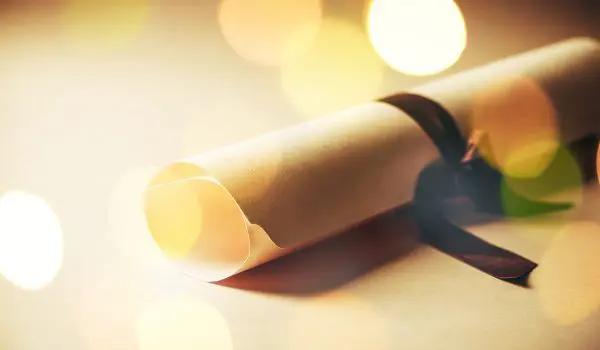 A rolled-up diploma or certificate is tied with a dark ribbon against a warm, blurred background with bokeh lights.
