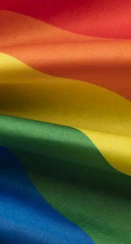 A vibrant rainbow flag with colors red, orange, yellow, green, blue, and purple.