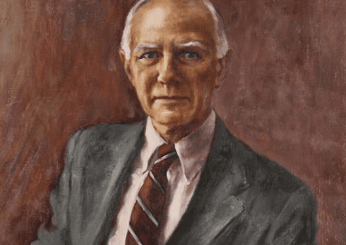 A solemn individual with grey hair wearing a suit and a red-striped tie is portrayed in a formal painted portrait against a mottled burgundy backdrop.