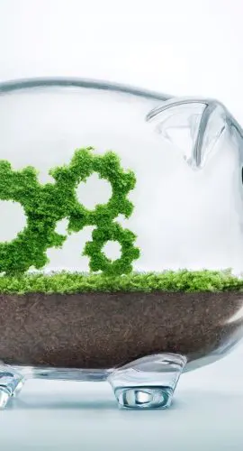 A piggy bank is creatively filled with soil and grass shaped into a gear symbol, highlighting a concept of financial growth, investment in sustainability, or eco-friendly economy.