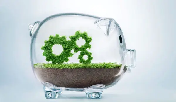 A piggy bank is creatively filled with soil and grass shaped into a gear symbol, highlighting a concept of financial growth, investment in sustainability, or eco-friendly economy.