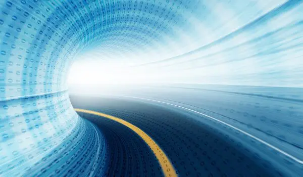 A stylized digital tunnel with binary code patterns lining the walls and a curving road leading toward a bright light at the end.