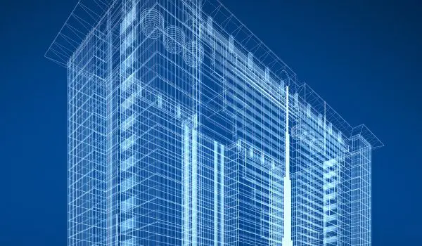 A blue-toned architectural wireframe sketch of a building displays the structural design and dimension lines.