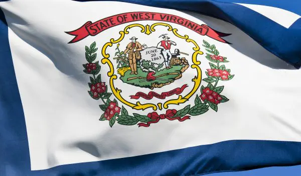 A close-up of the West Virginia state flag featuring its seal with a red ribbon and its motto, amidst folds of wavy fabric.