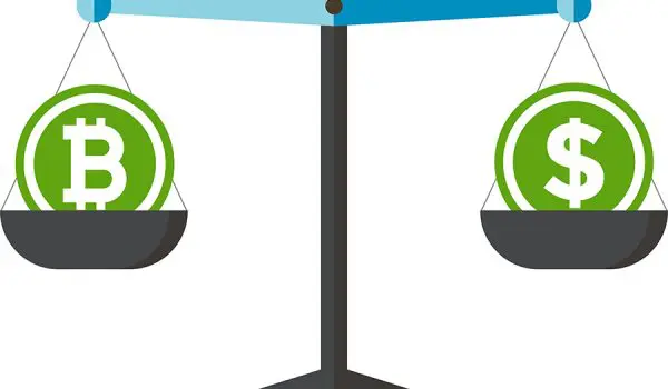 A balance scale with a Bitcoin symbol on one side and a dollar sign on the other, comparing cryptocurrency to traditional currency.