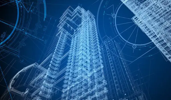Blueprints of towering skyscrapers with intricate architectural designs illuminated against a blue background.