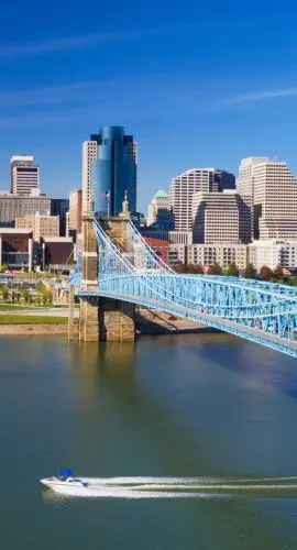 Cincinnati Skyline Aerial With Bridge, River And A Boat