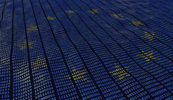 A digital abstract background with blue binary code and yellow digital arrows indicating upward movement.