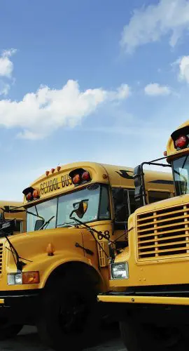 A row of yellow school buses is parked under a blue sky with scattered clouds.