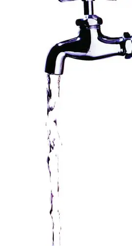 A stream of water flows from an open tap against a white background.
