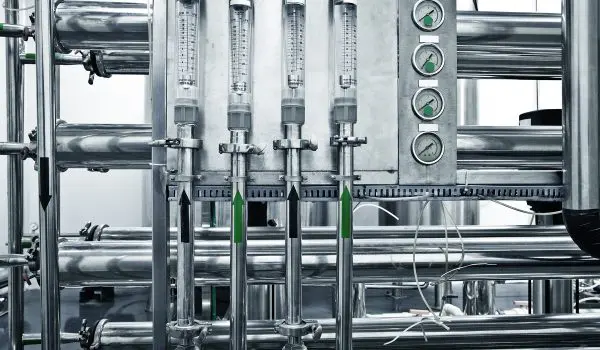 Industrial equipment with several cylindrical glass measuring devices connected to a network of metallic pipes.