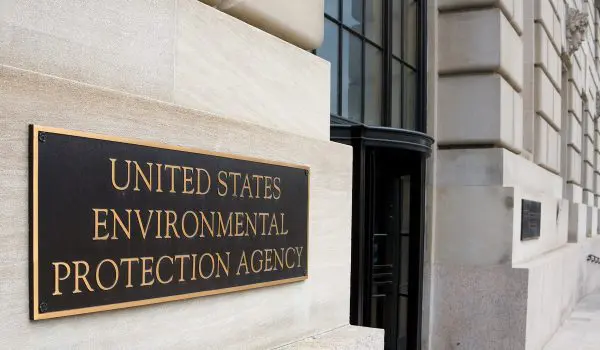 A plaque on a building wall reads "United States Environmental Protection Agency."