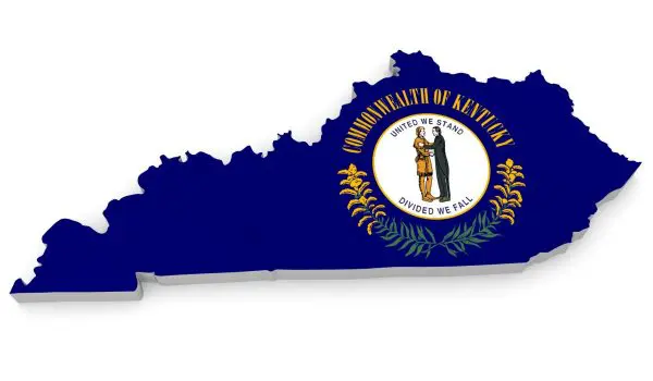 A depiction of Kentucky's state shape in blue with its seal showing a statesman and a frontiersman shaking hands.