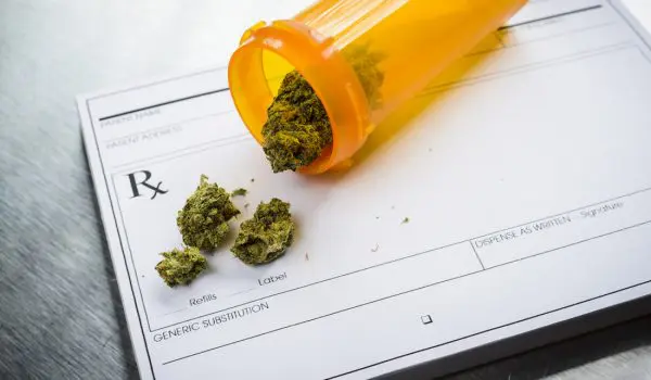 A prescription bottle is tipped over with dried cannabis buds on a white surface next to a medical prescription form.