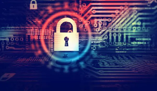 A digital illustration represents cybersecurity with a padlock symbol superimposed over a circuit board background with binary code and cybersecurity icons.