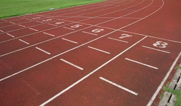 A red running track with numbered lanes curves around a grassy field.