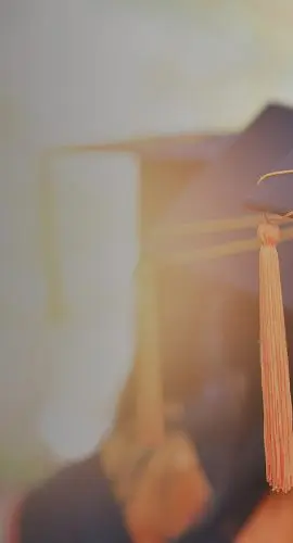 Two graduation caps with tassels are visible from behind.