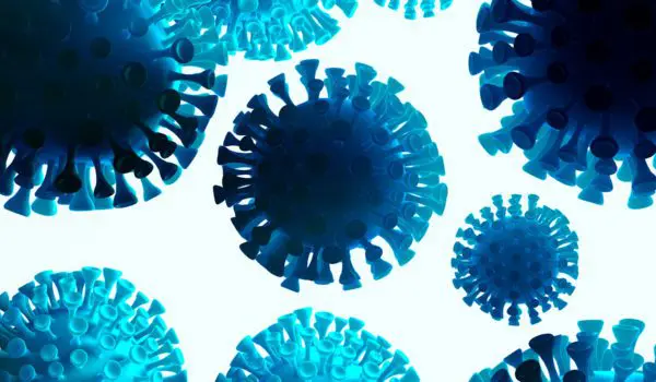 Blue virus-like structures are depicted against a white background.