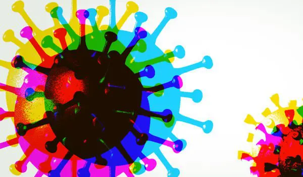A colorful, stylized illustration of a virus, featuring multiple overlapping spheres with protruding structures.