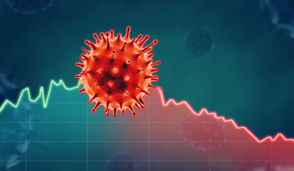 A red spiky virus is superimposed over a graph showing a sharp decline from green to red.