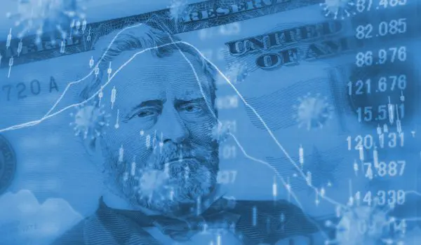 A U.S. dollar bill with a person's portrait is overlaid with stock market data and coronavirus images, all in a blue tint.
