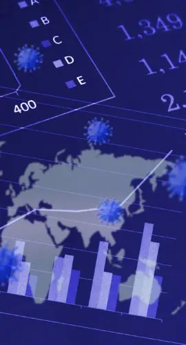A world map with bar graphs and numerical data is overlaid with images of virus particles.