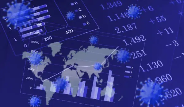 A world map with bar graphs and numerical data is overlaid with images of virus particles.