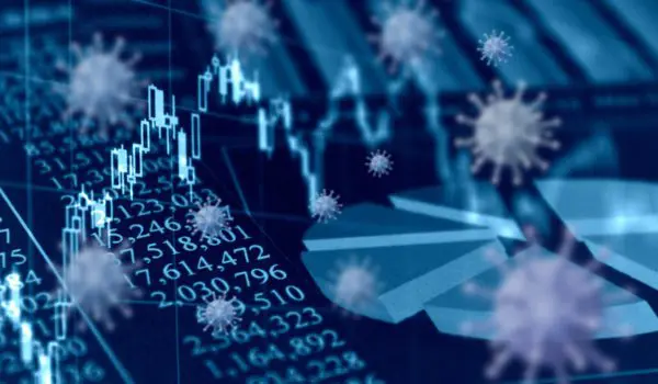 Digital representation of a stock market graph overlaid with virus particles.