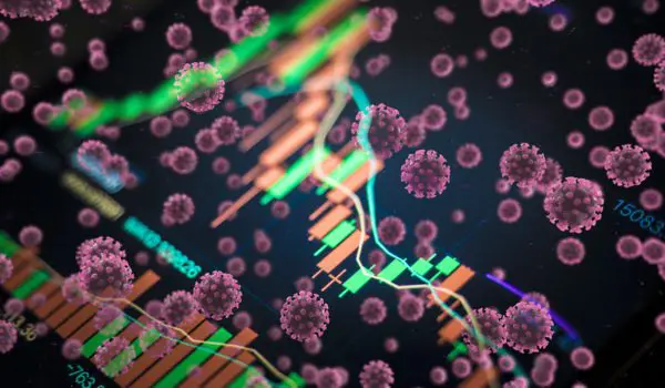 A graphical representation of financial data overlaid with numerous virus-like particles.