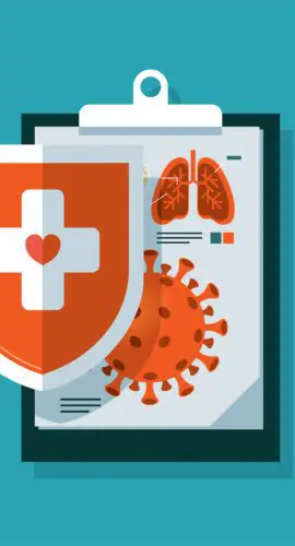 A clipboard featuring medical diagrams of lungs and a virus with a red shield overlaid, displaying a white cross and heart symbol.