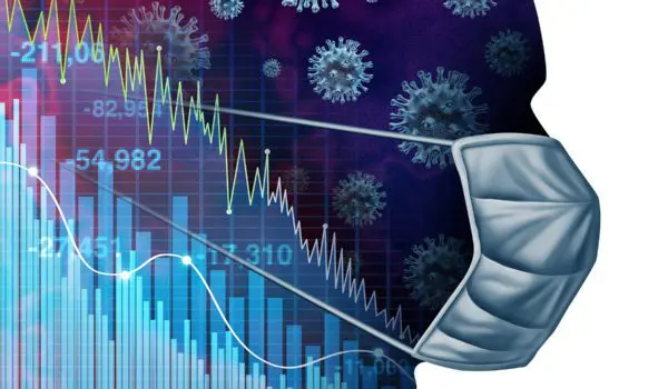 A mask-wearing face is overlaid with graphs and virus illustrations.