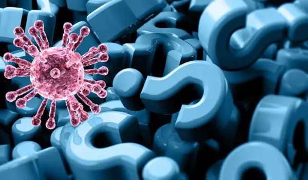 A pink virus-like structure is scattered among numerous blue question marks.