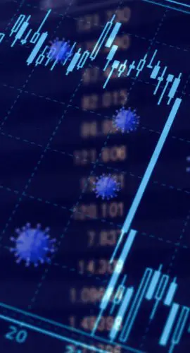 A financial graph overlaid with images of virus particles.