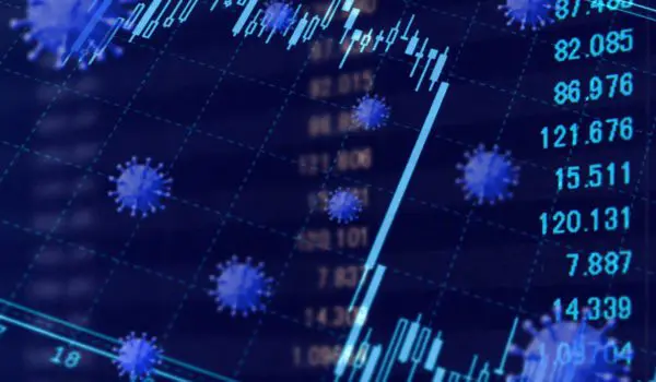 A financial graph overlaid with images of virus particles.