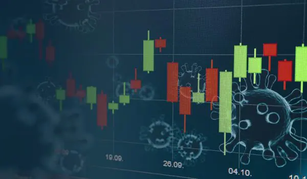 A financial chart with candlestick patterns is overlaid with images of viruses.