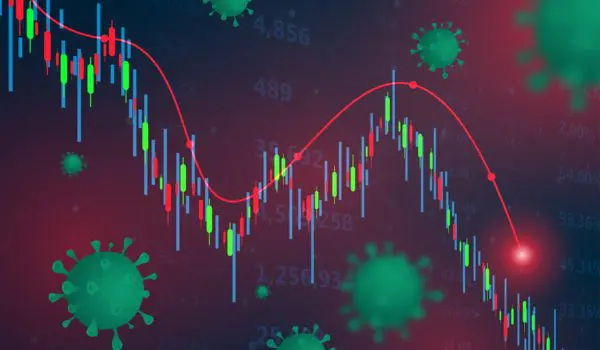 A financial chart with downward trends and virus icons is depicted.