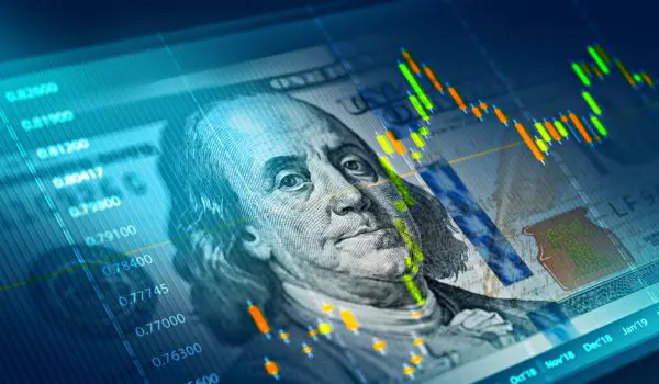 An illustration of a U.S. hundred-dollar bill superimposed with financial graphs and data.