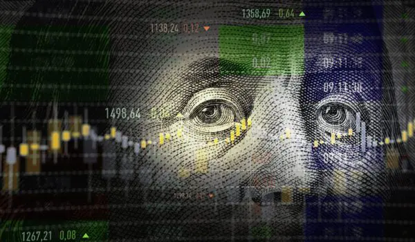 A financial market graph is overlaid on a close-up of Benjamin Franklin's face from the U.S. $100 bill.