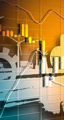 A conceptual illustration featuring energy infrastructure and financial graphs.