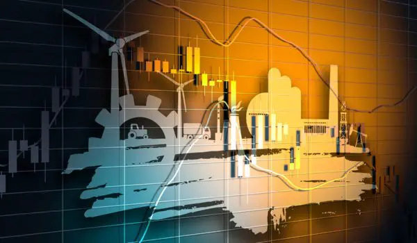 A conceptual illustration featuring energy infrastructure and financial graphs.