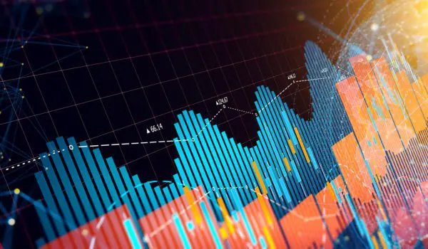 A colorful, abstract graph displays fluctuating data points against a dark background, illuminated with vibrant colors and interconnected lines.