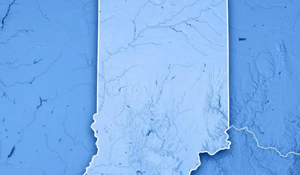 A shaded topographic map highlighting the state of Indiana.