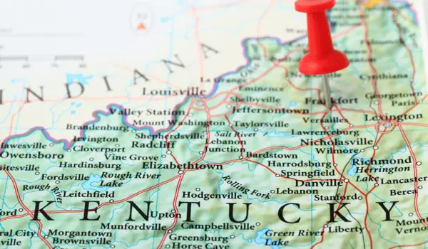 A map of Kentucky is displayed with a red pushpin marking a specific location.