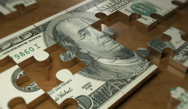 A jigsaw puzzle featuring a partially completed image of a hundred-dollar bill.